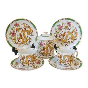 Vintage Czech Josefina Porcelain Tea Set For 2 With Dragon Design & Floral Motif